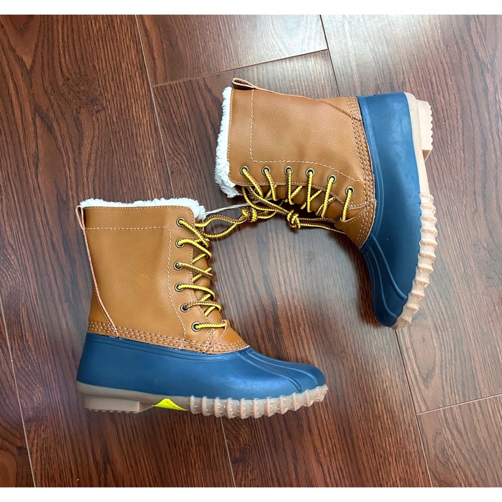 American Eagle Womens Sherpa Lined Duck Boots Brown Navy Blue Lace Up Size 5 NEW
